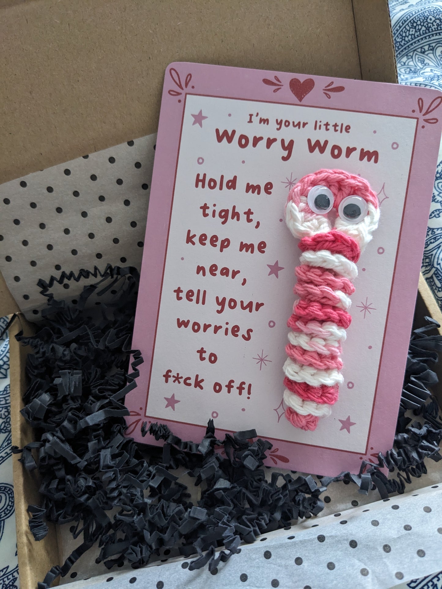 Pink Worry Worm FOR ADULTS, Sweary Sarcastic cotton crochet worm