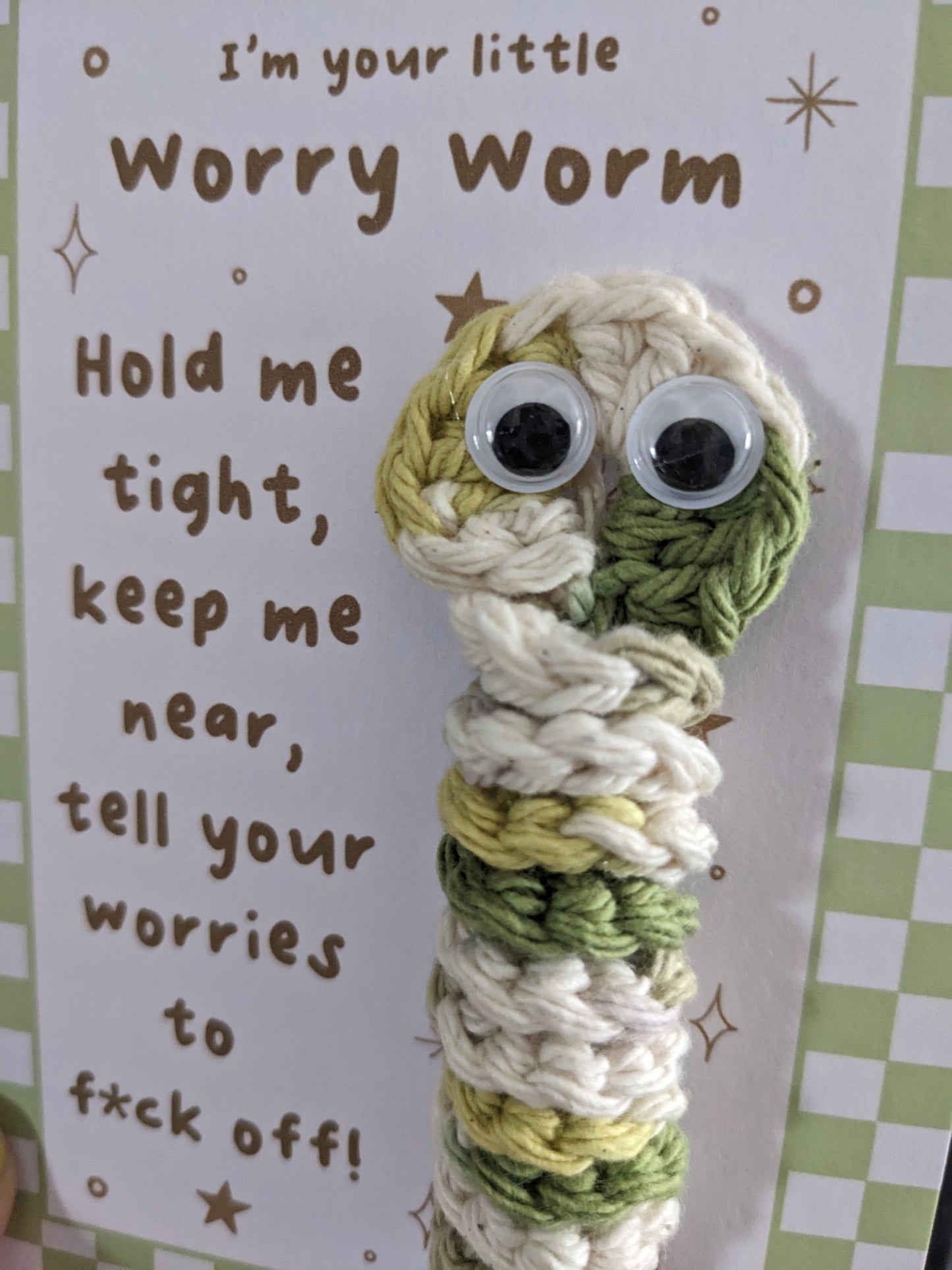 Green Worry Worm FOR ADULTS, Sweary Sarcastic cotton crochet worm