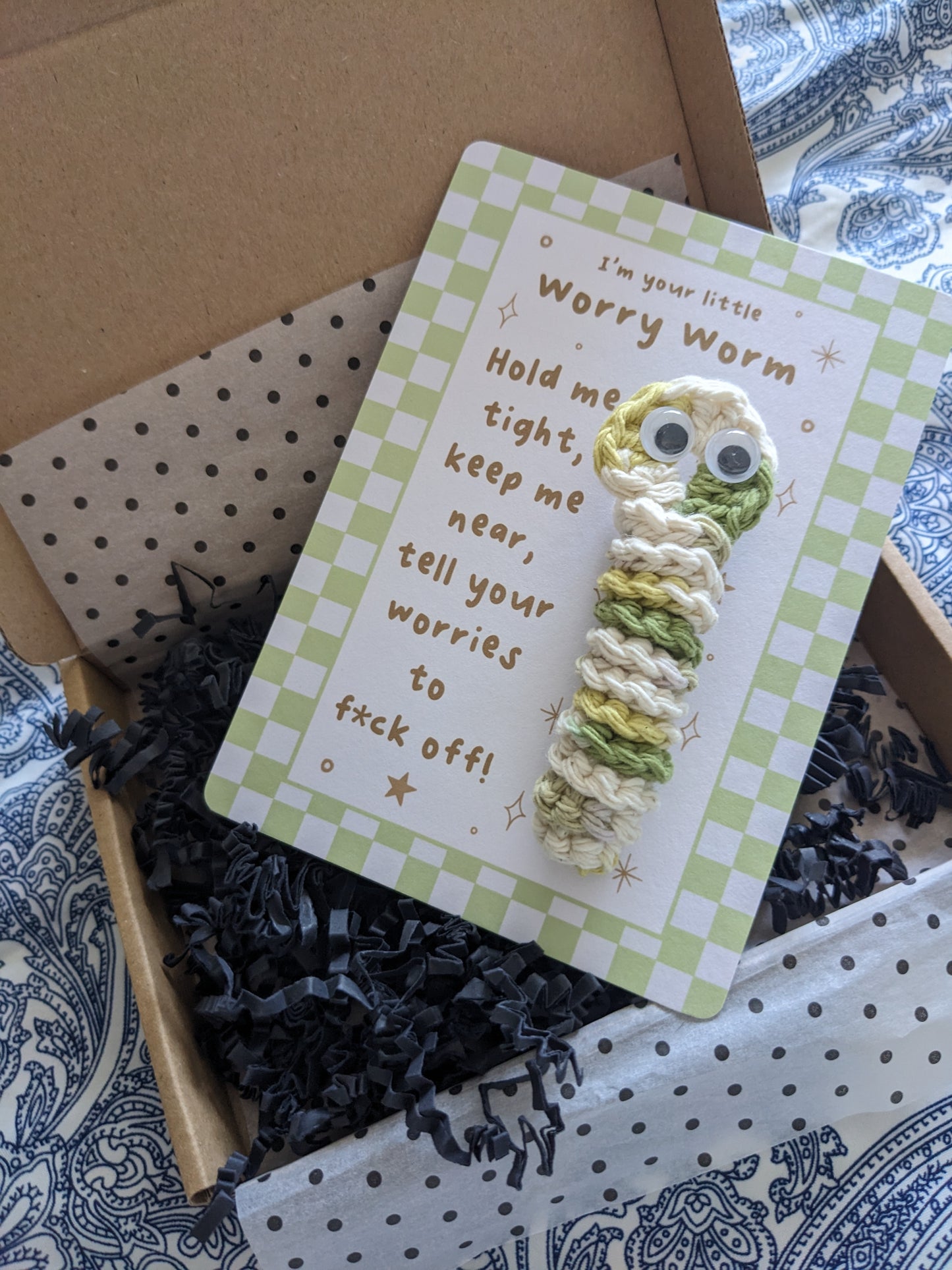 Green Worry Worm FOR ADULTS, Sweary Sarcastic cotton crochet worm